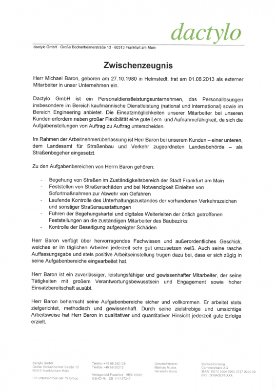 Arbeitszeugnis Dactylo - Straßenbegeher